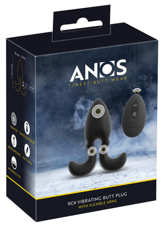 Svart kartongförpackning för Buttplug med Flexibla Armar med flexibla armar och fjärrkontroll som visas på framsidan, utformad för optimal anal stimulering.