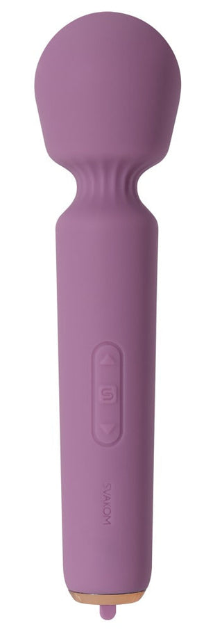 Svakom Mini Emma Neo Massagewand, i lila med handtagsknappar, erbjuder appkompatibilitet för fjärrstyrning och visas mot en vit bakgrund.