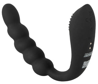 Bendable Dual Stimulator är en svart silikonprostatamassagerare med en böjd, pärlformad design, lättkontrollerade handtagsknappar och vattentät funktioner för kraftfull stimulering och förbättrad njutning.