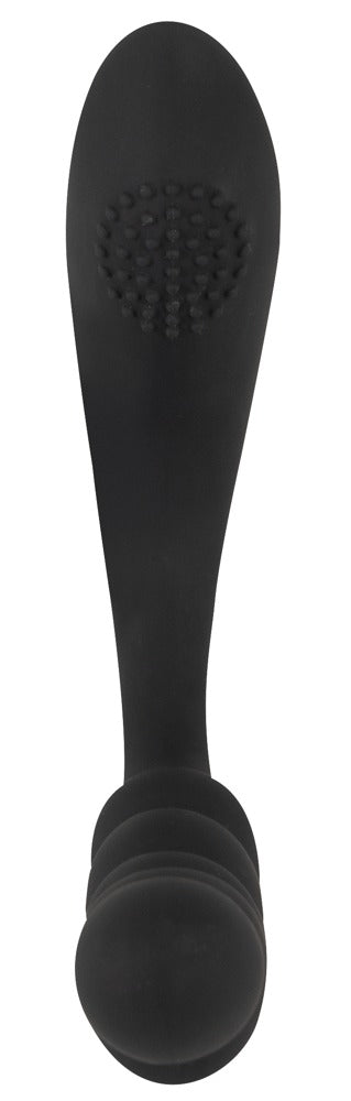 Bendable Dual Stimulator är en svart silikonmassagestav med ett rundat huvud, texturerad undersida och flexibel design. Denna vattentäta leksak erbjuder mångsidig njutning och enkel hantering för din tillfredsställelse.
