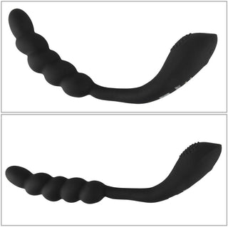 Två svarta Bendable Dual Stimulator vuxenleksaker med böjda handtag visas från olika vinklar på en vit bakgrund.