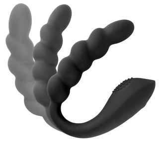 Bendable Dual Stimulator är en flexibel, vattentät vibrator i svart silikon med pärlformad design och texturerad kontrollände, som visas i olika positioner.