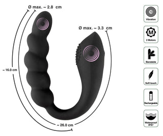 Den svarta Bendable Dual Stimulator är en böjbar dubbelvibrator med ribbad textur, storleksmått och ikoner som visar funktioner som vibration och vattentät design.