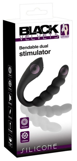 Förpackning för Bendable Dual Stimulator, en svart och lila vibrator med vibration. Denna vattentäta njutningsleksak har en snygg, flexibel design för mångsidig stimulering.