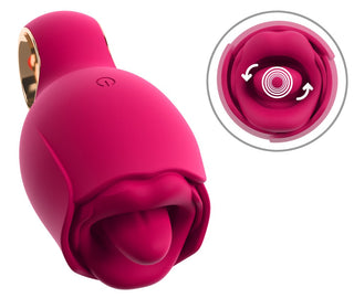 Rosa rosenformad tungvibrator i silikon med en synlig utskjutande tunga.