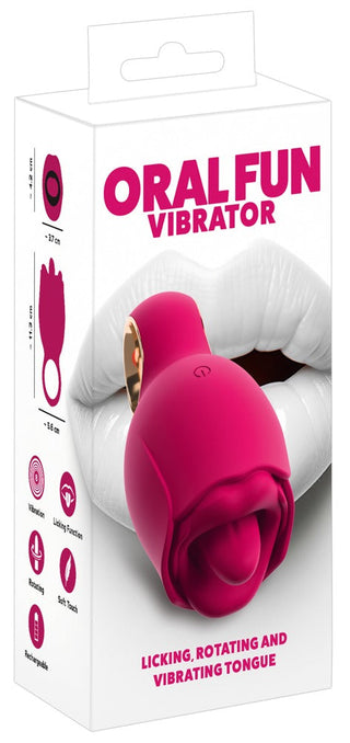 Rosa rosenformad vibrator i silikon med produktinformation som visas på förpackningen.