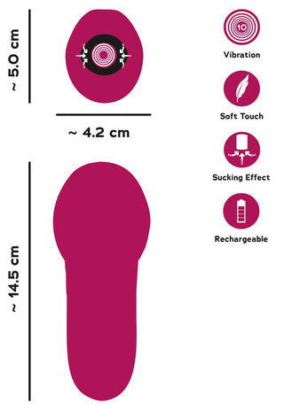 Rosa silikon Oral Fun Sucking Tungvibrator med konturerad form, visas med måttangivelser och ikoner för produktegenskaper.