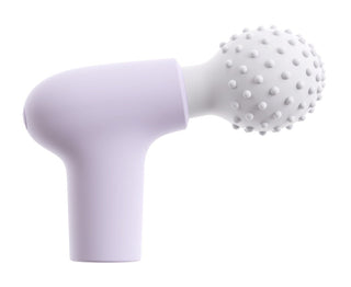 Handhållen massageapparat med lavendelhandtag och vitt, runt huvud med textur. Troligen konstruktion av plast.