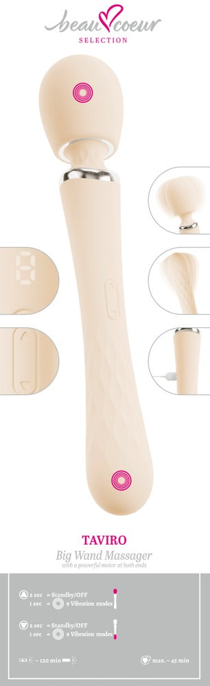 Beige stavmassageapparat med ett rundat huvud, synliga kontrollknappar och märkta vibrationslägen på enheten.