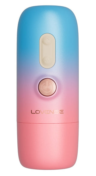 Gradient rosa till blå silikonvibrator med en central strömbrytare och kontrollknapp ovanför.