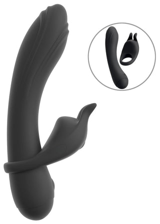 Svart parvibrator i silikon med böjt skaft och extern klitorisstimulator, utformad för dubbel stimulering.