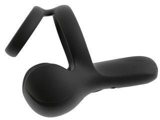 Svart, matt massagestav i silikon med dubbla ringar, strukturerat handtag och vibrator.
