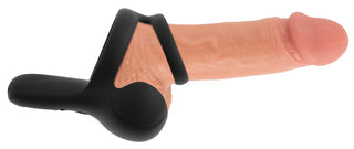 Vibrerande perinealmassager och penisring i svart silikon.