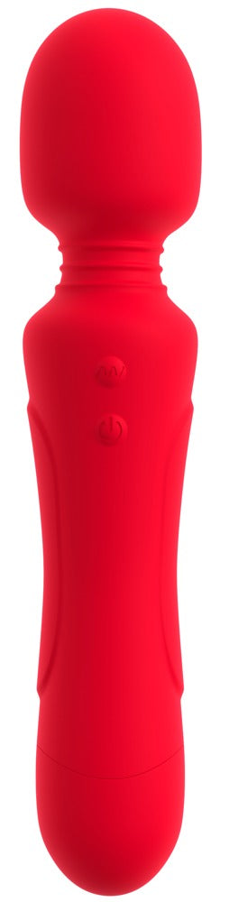 Röd, handhållen massager med två knappar, tillverkad i ett mjukt material, avbildad mot en vit bakgrund.