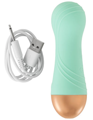 Mintgrön Cuties-minivibrator med dubbel densitet, metallbas och USB-laddningskabel.