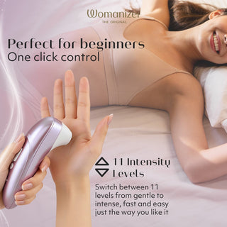 Womanizer Pro klitorisstimulator, rosa och vit plast med ergonomisk design, har en knapp och 11 intensitetsnivåer.