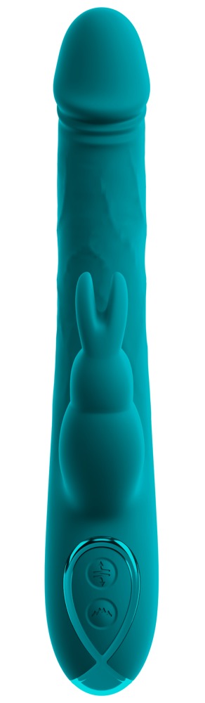 En turkosfärgad silikonvibrator i kaninform med vågrörelse, en kaninformad stimulator och kontrollknappar på basen.