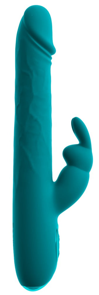 En turkos kaninvibrator med böjd form, separat klitorisstimulator och vattentätt silikonmaterial.