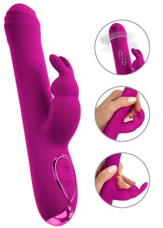 Magenta kaninvibrator med rotations- och stötfunktion, med metallfot, roterande kulor och inbyggda kontrollknappar.