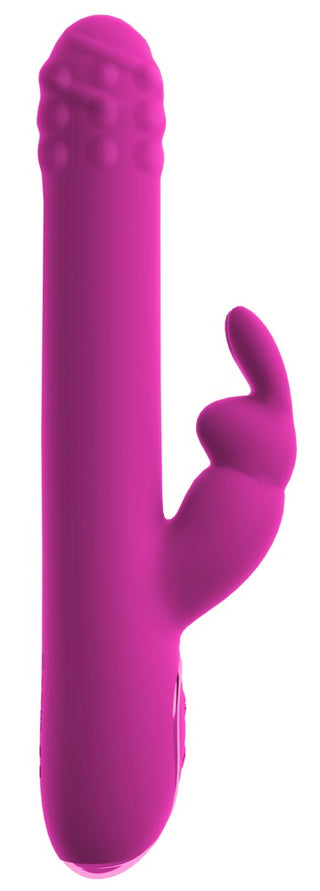 Magenta kaninvibrator med rotation, stötande rörelser, strukturerad spets, roterande pärlor och en böjd klitorisstimulator.