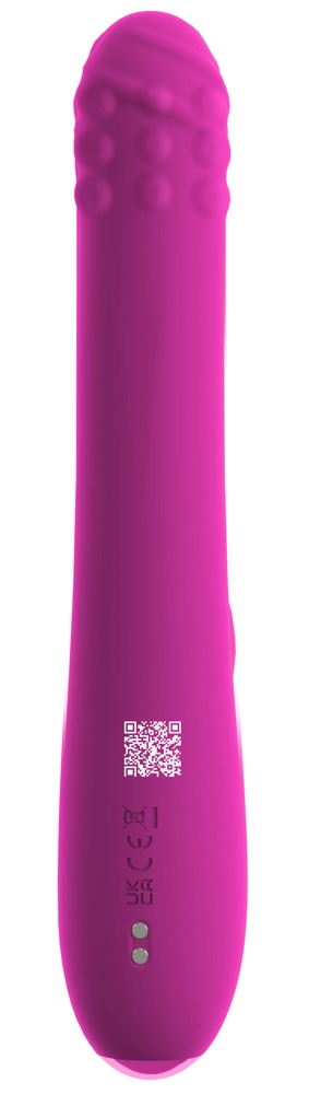 Magenta kaninvibrator med rotation och fram- och återgående rörelser, med en strukturerad spets och laddningsportar.
