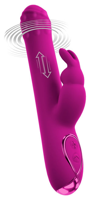 Magenta kaninvibrator med roterande huvud, massagepärlor och två knappar.