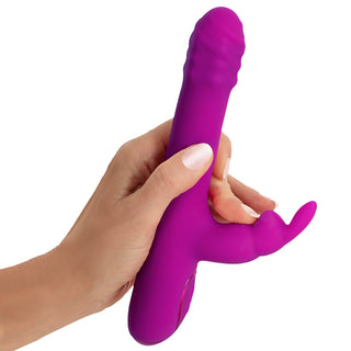 Lila kaninvibrator med strukturerad skaft, massagepärlor, rotationsfunktion och stimuleringsfunktioner.