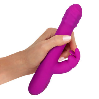 Lila kaninvibrator med roterande massagepärlor och stötfunktion.