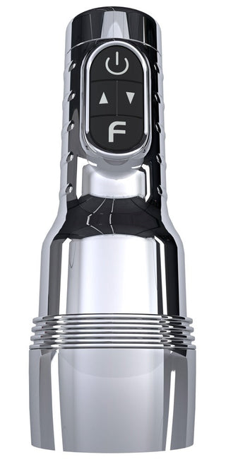 Silverfärgad masturbator med svarta reglage, cylindrisk design och integrerat handtag med vibrations- och uppvärmningsfunktioner.