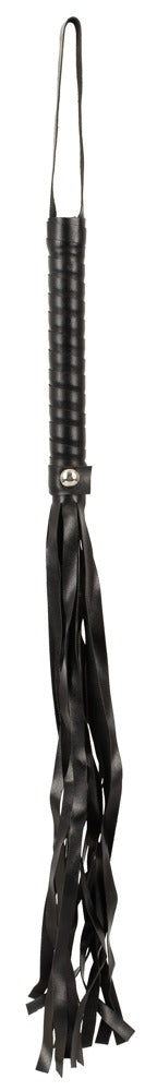 Magic Shiver Flogger har en svart läderdesign med omlindat handtag, handledsrem och flera svansar – perfekt för att förhöja dina BDSM-upplevelser.