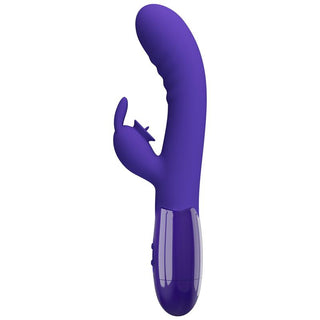 Cerberus Licking Rabbitvibrator är en lila silikonvibrator med ett böjt skaft för G-punktstimulans och en yttre arm för klitorisstimulans.
