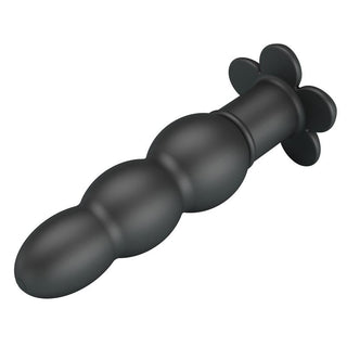 Svart analplugg i silikon med blommig bas och 10 vibrationslägen, mot vit bakgrund.