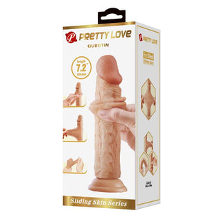 Pretty Love Quentin Sliding Skin 7,2 dildo, köttfärgad silikon, flexibel kärna, visas i kartong med produktbilder på förpackningen.