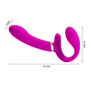 PrettyLove Valerie Strapon är en ljusrosa, unisex silikon sexleksak med dubbla ändar med mätlinjer i millimeter som visar dess längd och bredd.