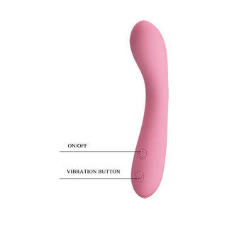 Rosa silikonvibrator med tydliga på/av- och vibrationskontroller, mot en vit bakgrund.