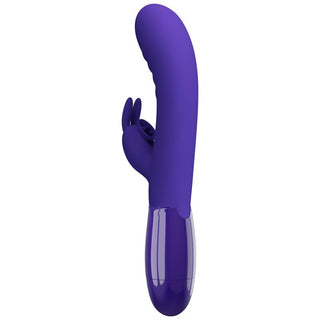 Cerberus Licking Rabbitvibrator är en lila silikonvibrator med ett böjt skaft för G-punktsstimulering och en liten yttre klitorisstimulator.
