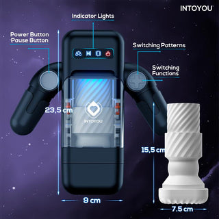 Elon Masturbator är en digital enhet med avancerad teknik, med tydligt märkta dimensioner och delar, inklusive en strömknapp, indikatorlampor och flera switchfunktioner och vibrationslägen.