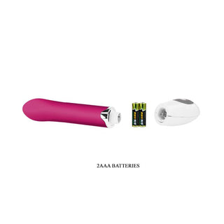 Rosa och vit silikonvibrator med separat lock, visas isärmonterad tillsammans med två AAA-batterier.