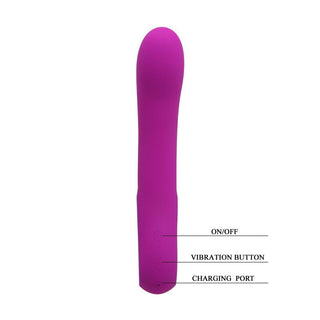 PrettyLove Elmer Pink är en rosa silikonvibrator med en böjd design, med tydligt märkt på/av-knapp, vibrationsknapp och laddningsport på sidan.