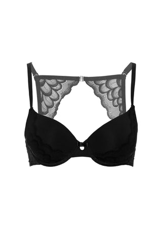 Svart push-up racerback-bh med spetsdetaljer och skålad rygg, mot en enfärgad vit bakgrund.