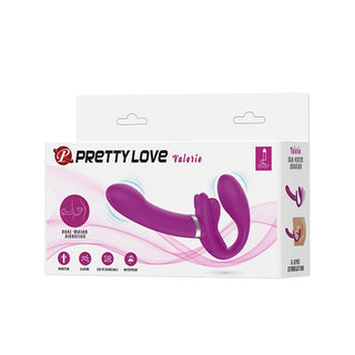 Vitförpackad PrettyLove Valerie Strapon, en lila silikonsexleksak med dubbla ändar, med ikoner för produktfunktioner visade.