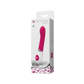 Pretty Love Vibe Daniel Pink, en rosa och vit silikonvibrator med 30 lägen, visas i sin detaljhandelsförpackning.