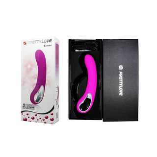 PrettyLove Elmer Pink är en rosa, böjd silikonvibrator som visas med sin öppna förpackning och laddningskabel. Denna uppladdningsbara leksak erbjuder bekväm och kraftfull njutning.