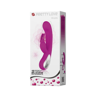Lila PrettyLove Webb Rabbitvibrator i vit förpackning med produktbild och detaljer - designad för både G-punkts- och klitorisstimulans.