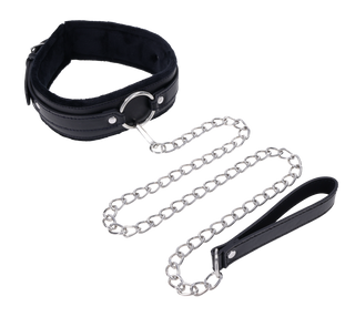Shadow Halsband med Koppel: svart vadderat halsband med D-ring och koppel i silverkedja.