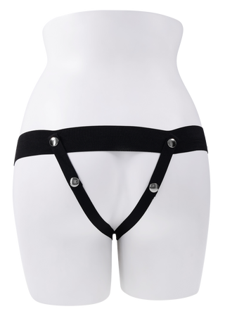 Svart elastiskt strumpeband med tryckknappar i metall och 16 cm ihålig strap-on, visas bakifrån på en skyltdocka.
