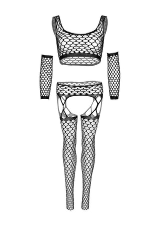 Leg Avenue Crop-topp, strumpor och handskar har en svart nätunderkläder-ensemble med en sensuell design, inklusive en crop-top, strumpeband, strumpor och ärmslut på en skarp vit bakgrund.