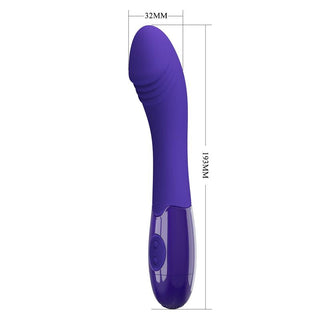 Pretty Love Youth Vibe är en lila böjd vibrator med dimensionerna 32 mm gånger 193 mm, med en texturerad spets och kontrollknappar på handtaget. Designad för G-punktsstimulans, den erbjuder 30 vibrationsfunktioner och är USB-uppladdningsbar för oändlig njutning.