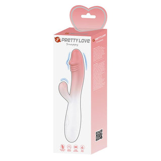 Kaninvibrator i lila silikon med design för dubbla stimulatorer, visas på förpackningen med produktnamn och varumärke.