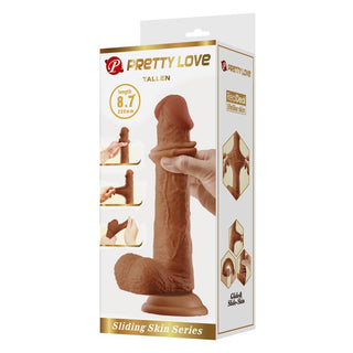 Låda som visar en 22 cm Tallen Sliding Skin Dildo, realistisk design, köttfärgad, tillverkad av silikon med glidande hudfunktion.